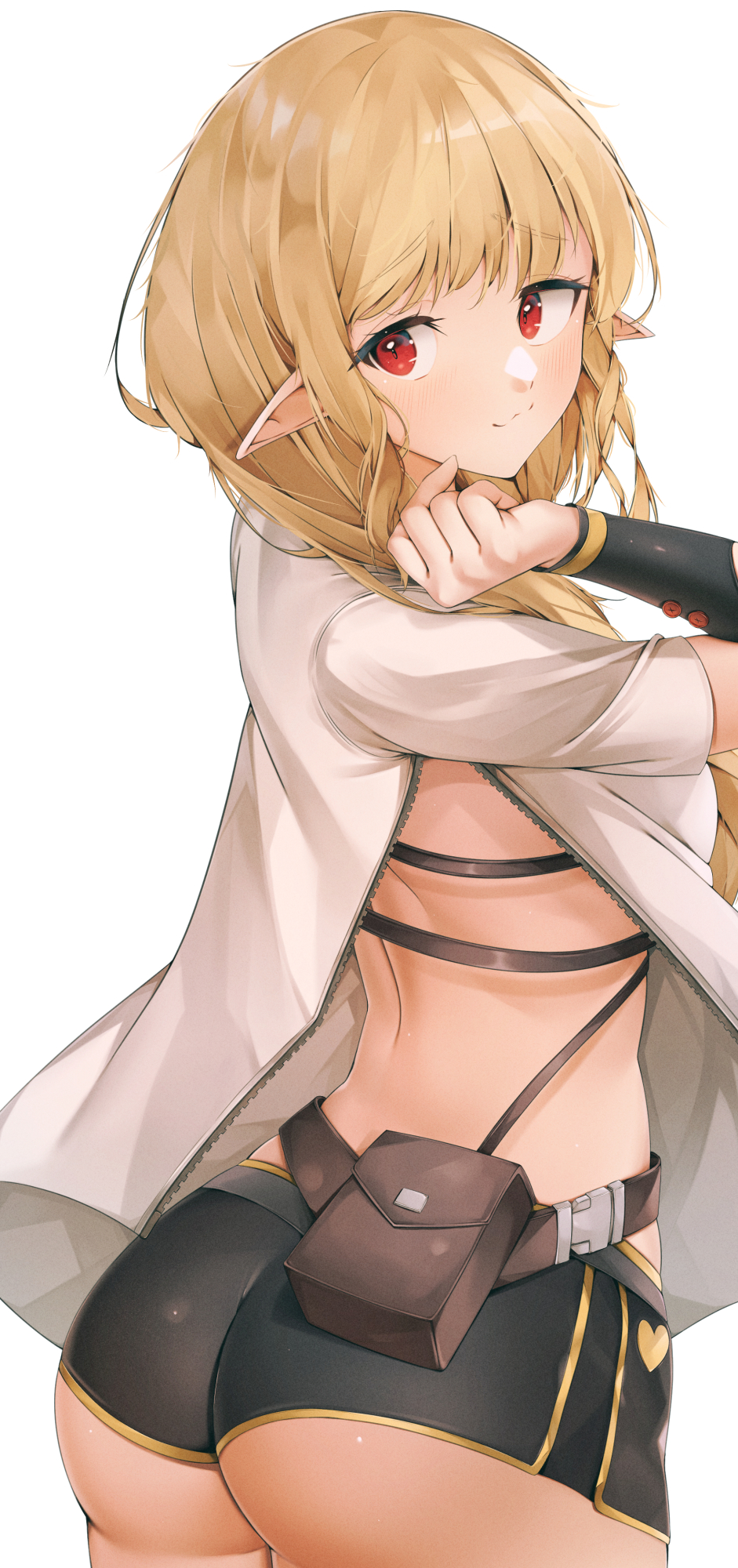 1girl :3 ass bangs belt belt_pouch black_shorts blonde_hair blush brown_belt clenched_hand closed_mouth commission cowboy_shot elf eyebrows_visible_through_hair frown grayfox heart highres long_hair looking_at_viewer looking_back original pointy_ears pouch red_eyes shirt short_sleeves shorts simple_background smile solo standing white_background white_shirt zipper