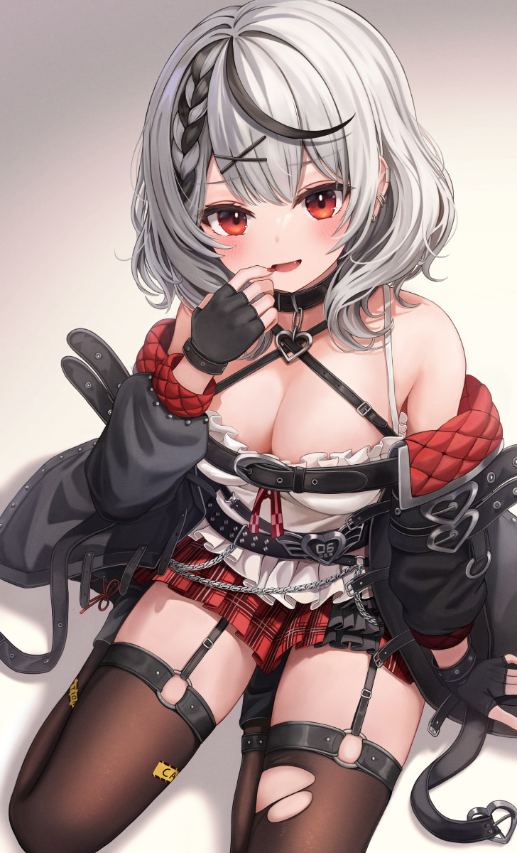 1girl bare_shoulders belt black_choker black_gloves black_jacket braid breasts brown_legwear camisole choker cleavage fang finger_to_mouth fingerless_gloves frilled_shirt frills funii garter_straps gloves gradient gradient_background grey_hair hand_up highres hololive jacket large_breasts long_sleeves looking_at_viewer miniskirt multicolored_hair nail_polish off_shoulder open_clothes open_jacket open_mouth plaid plaid_skirt pleated_skirt red_eyes red_skirt sakamata_chloe seiza shirt short_hair sitting skirt sleeveless sleeveless_shirt smile solo streaked_hair thighhighs thighs torn_clothes torn_legwear virtual_youtuber white_shirt zettai_ryouiki