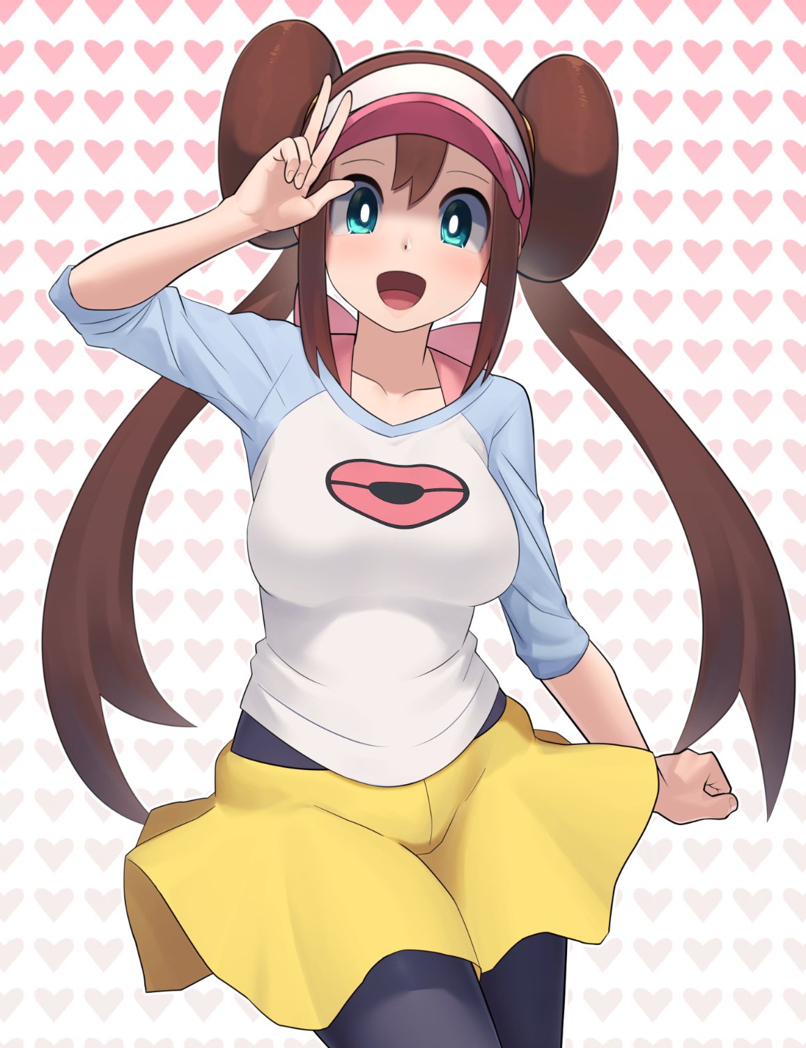 1girl :d bangs blush breasts bright_pupils brown_hair clenched_hand collarbone cowboy_shot double_bun green_eyes hand_up heart heart_background highres long_hair looking_at_viewer open_mouth pokemon pokemon_(game) pokemon_bw2 rosa_(pokemon) sidelocks smile solo tongue twintails visor_cap w white_pupils xin_lan_deng