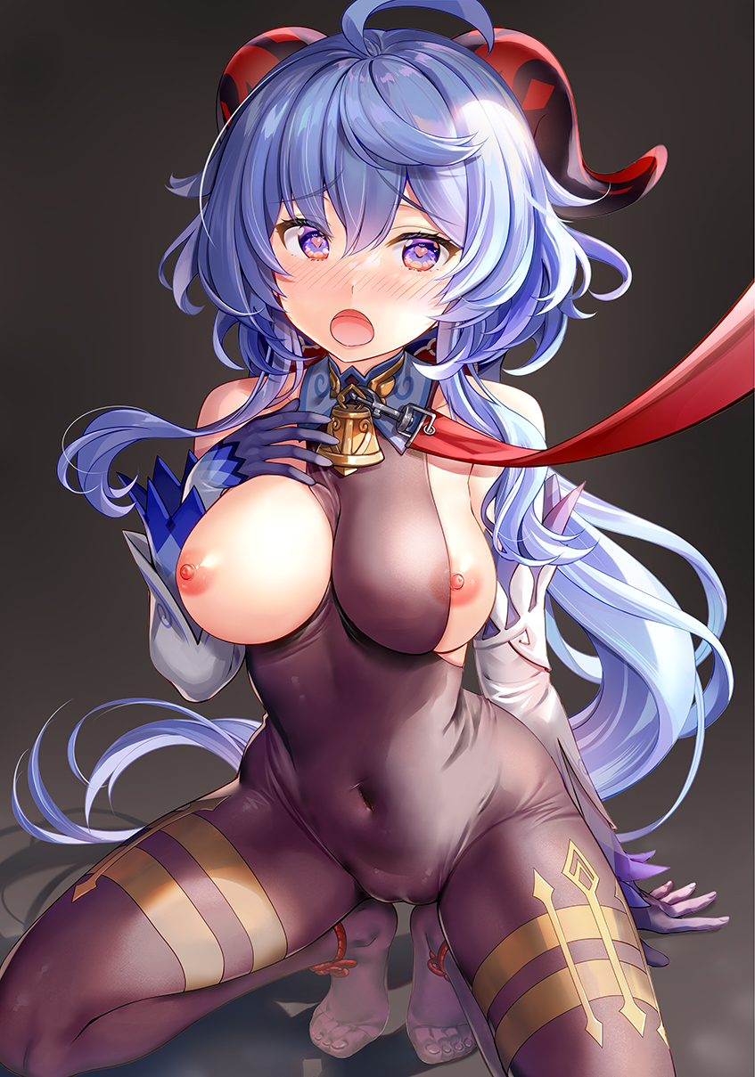 1girl ahoge areolae bare_shoulders bell black_gloves black_legwear blue_hair blush breasts collar comiket_99 covered_navel cowbell detached_sleeves feet ganyu_(genshin_impact) genshin_impact gloves hand_on_own_chest heart heart-shaped_pupils highres horns large_breasts leash leotard long_hair long_sleeves looking_at_viewer low_ponytail nipples no_bra open_mouth pet_play purple_eyes solo squatting symbol-shaped_pupils thighs yan-yam