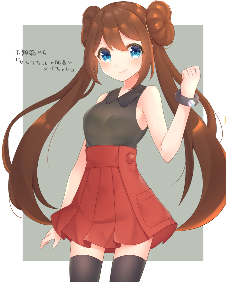 1girl bangs blue_eyes blush bracelet breasts brown_hair brown_legwear closed_mouth collared_shirt cosplay double_bun hand_up jewelry long_hair looking_at_viewer pleated_skirt pokemon pokemon_(game) pokemon_bw2 red_skirt rosa_(pokemon) serena_(pokemon) serena_(pokemon)_(cosplay) shirt skirt sleeveless sleeveless_shirt smile solo takahara thighhighs translation_request twintails