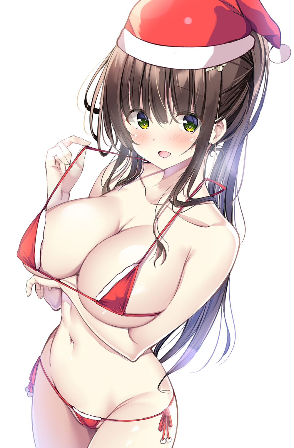 1girl areola_slip areolae arm_under_breasts bangs bare_arms bikini blunt_bangs blush breasts brown_hair christmas cleavage collarbone commentary_request eyebrows_visible_through_hair gochuumon_wa_usagi_desu_ka? green_eyes hair_ornament hat highres kurou_(quadruple_zero) large_breasts long_hair looking_at_viewer micro_bikini navel open_mouth red_bikini santa_bikini santa_hat side-tie_bikini simple_background smile solo stomach swimsuit ujimatsu_chiya underboob white_background