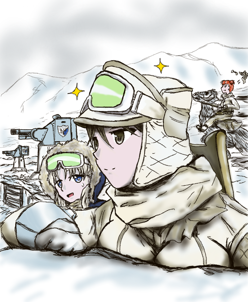 3girls aki_(girls_und_panzer) brown_eyes girls_und_panzer gloves goggles goggles_on_head hoth jacket kilroylw long_sleeves mika_(girls_und_panzer) mikko_(girls_und_panzer) military military_uniform multiple_girls red_hair short_hair short_twintails smile snow star_wars tauntaun trench turret twintails uniform