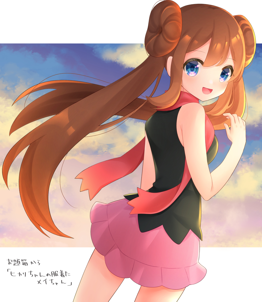 1girl :d bangs bare_arms black_shirt blue_eyes blush breasts brown_hair commentary_request cosplay dawn_(pokemon) dawn_(pokemon)_(cosplay) double_bun floating_hair floating_scarf hand_up highres long_hair looking_at_viewer looking_back open_mouth pink_skirt pokemon pokemon_(game) pokemon_bw2 pokemon_dppt red_scarf rosa_(pokemon) scarf shirt skirt sleeveless sleeveless_shirt smile solo takahara tongue translation_request twintails