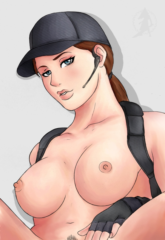 artist_request backpack bag blue_eyes breasts brown_hair fingerless_gloves gloves headset jill_valentine large_breasts nipples nude pubic_hair resident_evil resident_evil_5 screencap solo