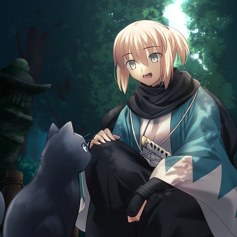 1girl alternate_hairstyle animal bangs black_cat black_scarf black_skirt blonde_hair cat commentary_request eyebrows_visible_through_hair fate/grand_order fate_(series) green_eyes hair_between_eyes haori japanese_clothes katana kimono koha-ace long_skirt looking_at_another migiha official_alternate_hairstyle okita_souji_(fate) okita_souji_(koha/ace) one_knee open_clothes open_mouth outdoors plant ponytail scarf shinsengumi short_hair sidelocks skirt smile sword tongue tree weapon white_kimono wide_sleeves