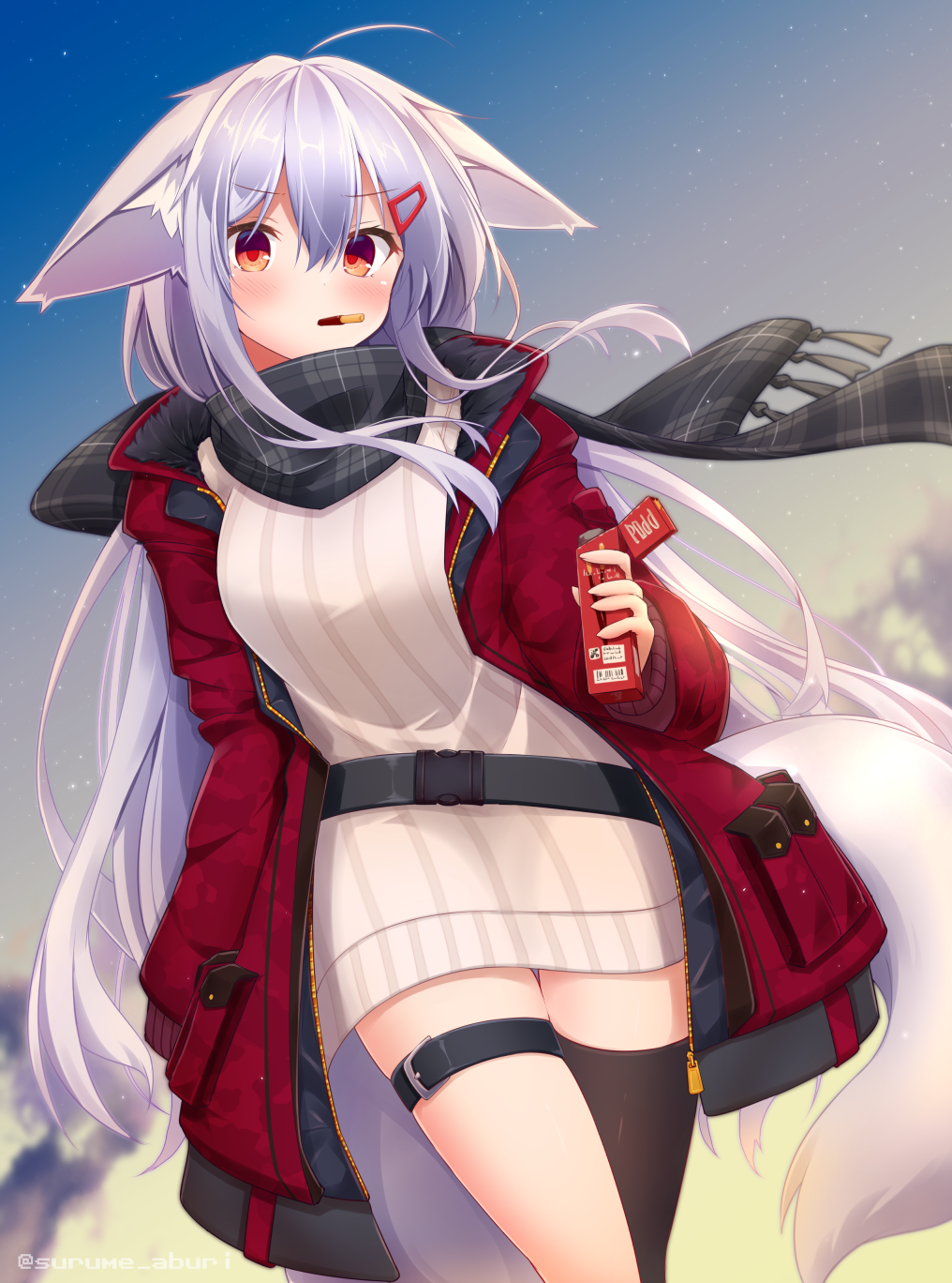 1girl animal_ear_fluff animal_ears bangs black_legwear blush breasts cloud eyebrows_visible_through_hair food food_in_mouth fox_ears fox_girl fox_tail fringe_trim grey_scarf hair_between_eyes hair_ornament hairclip highres jacket long_hair long_sleeves looking_at_viewer medium_breasts mouth_hold open_clothes open_jacket original outdoors plaid plaid_scarf pocky red_eyes red_jacket ribbed_sweater scarf shirogane_kasane silver_hair single_thighhigh sky sleeves_past_fingers sleeves_past_wrists solo star_(sky) starry_sky sunset surume_aburi sweater tail thighhighs twitter_username very_long_hair white_sweater