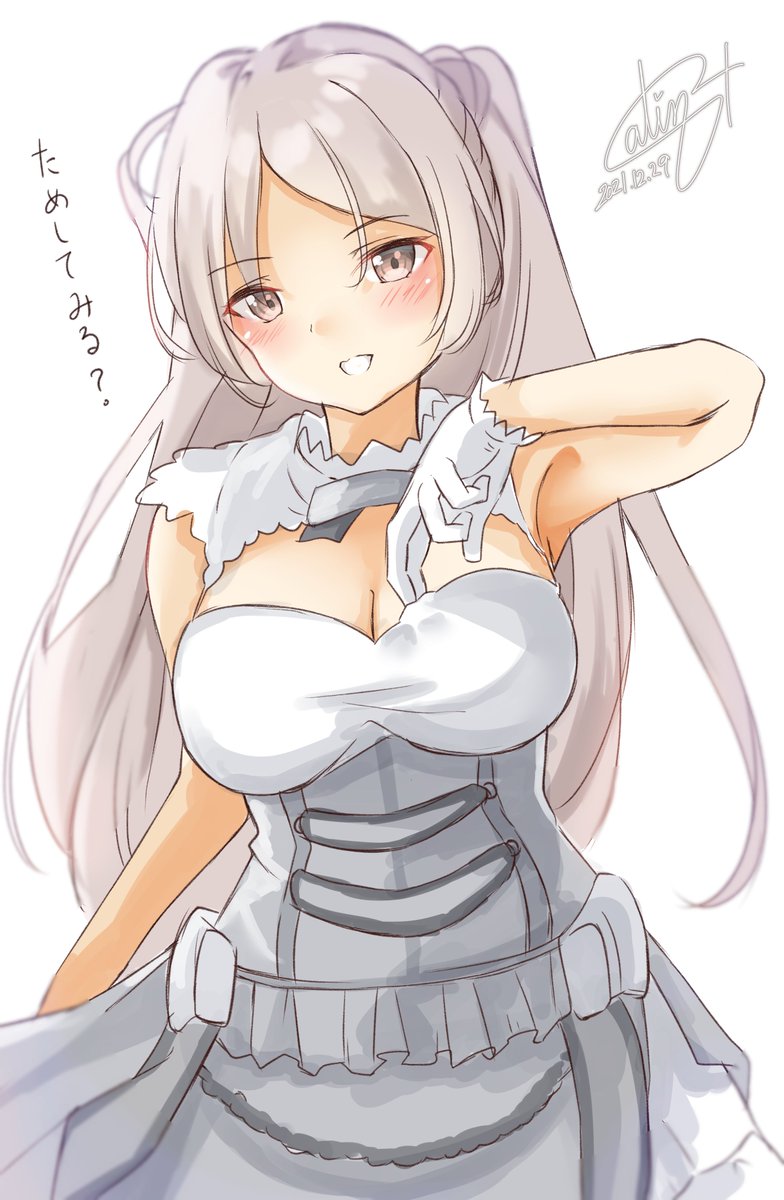 1girl blush breasts brown_eyes cleavage conte_di_cavour_(kancolle) dated dress eyebrows_visible_through_hair gloves highres kantai_collection large_breasts layered_dress long_hair open_mouth pen_chou remodel_(kantai_collection) short_sleeves signature silver_hair simple_background smile solo translation_request two-tone_dress white_background white_dress white_gloves
