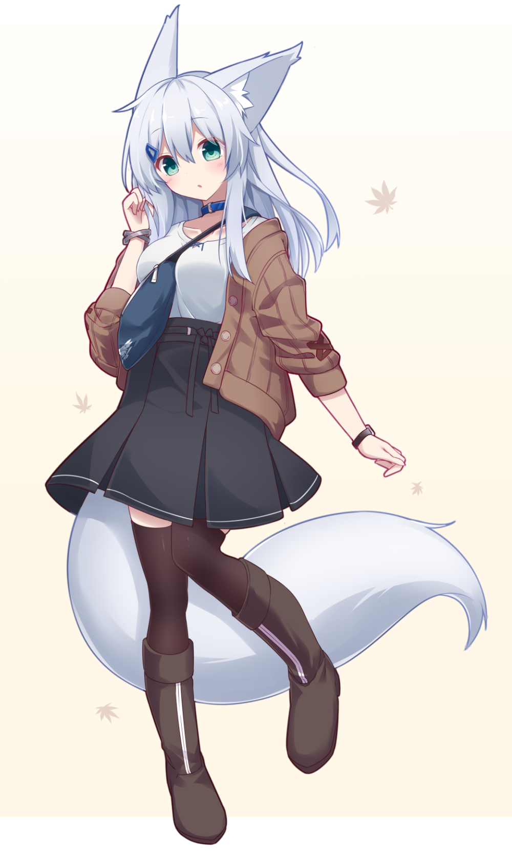 1girl :o animal_ears bangs black_legwear black_skirt blue_collar blush boots breasts brown_background brown_footwear brown_jacket collar collarbone eyebrows_visible_through_hair fanny_pack fox_ears fox_girl fox_tail full_body green_eyes hair_between_eyes hair_ornament hairclip highres jacket long_hair long_sleeves medium_breasts open_clothes open_jacket original parted_lips pleated_skirt shirt silver_hair skirt solo standing standing_on_one_leg surume_aburi tail thighhighs thighhighs_under_boots white_shirt