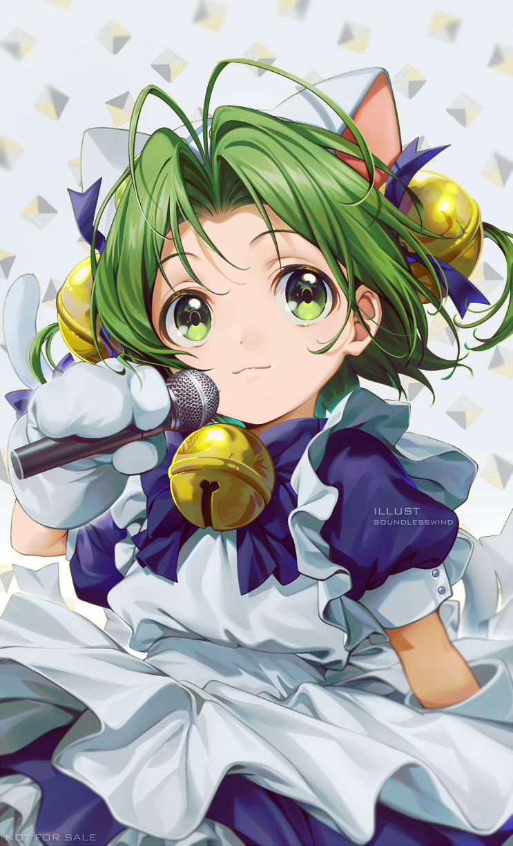 1girl animal_hands animal_hat antenna_hair apron bell blue_neckwear blue_ribbon bow bowtie cat_hat cat_tail commentary dejiko di_gi_charat dress english_commentary gloves green_eyes green_hair hair_bell hair_ornament hair_ribbon hat highres holding holding_microphone jingle_bell kaze-hime maid_apron microphone paw_gloves ribbon short_hair short_sleeves smile solo tail upper_body white_mittens
