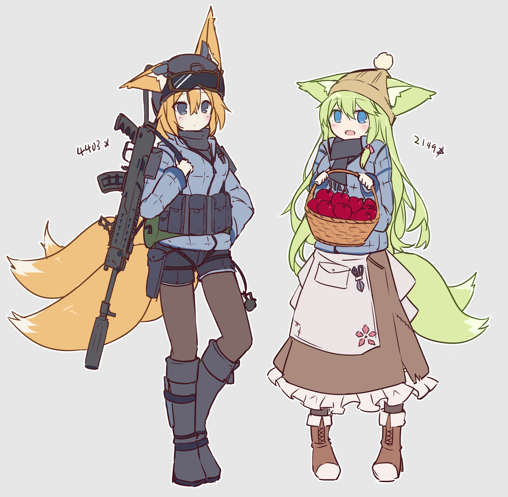 2girls animal_ears apple apron basket beanie black_footwear black_headwear black_scarf black_shirt black_shorts blonde_hair blue_jacket boots brown_headwear brown_legwear brown_skirt ears_through_headwear food fox_ears fox_girl fox_tail frilled_skirt frills fringe_trim fruit goggles goggles_on_headwear green_hair grey_background hat holding holding_basket jacket kitsune knee_boots legwear_under_shorts long_hair multiple_girls multiple_tails original pantyhose red_apple scarf shirt short_shorts shorts simple_background skirt suppressor surume_aburi tail translation_request unaligned_ears very_long_hair waist_apron weapon_request white_apron