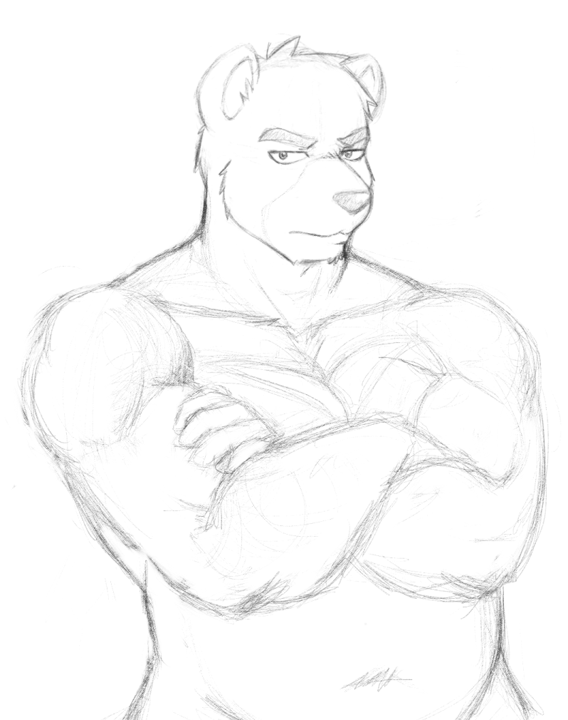 2015 anthro athletic athletic_anthro athletic_male biceps crossed_arms juuichi_mikazuki kemono looking_at_viewer male mammal monochrome morenatsu musclegut muscular muscular_anthro muscular_male nukde pecs sketch solo standing ursid video_games visual_novel