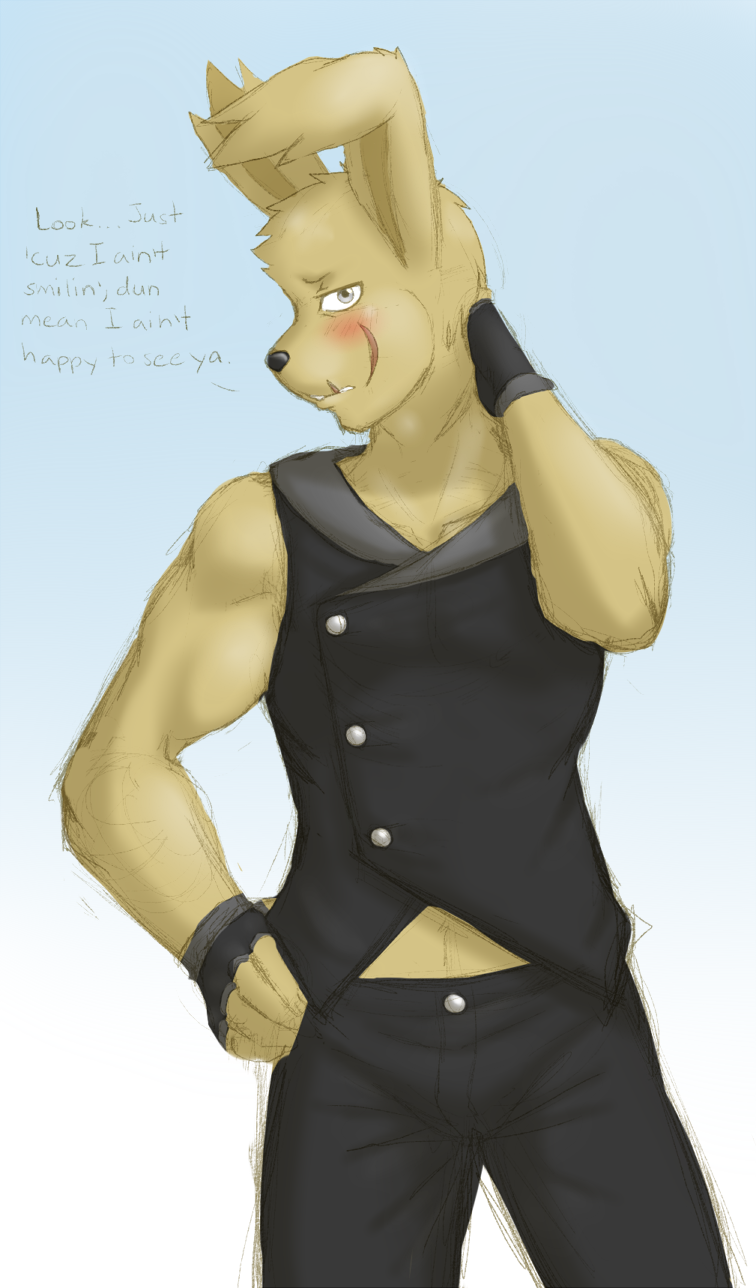 2015 anthro athletic athletic_anthro athletic_male biceps blue_background blush clothing dialogue digital_media_(artwork) english_text fingerless_gloves fingers five_nights_at_freddy's five_nights_at_freddy's_3 fur gloves grey_eyes hand_behind_head hand_on_hip handwear hi_res lagomorph leporid looking_at_viewer male mammal muscular muscular_anthro muscular_male nukde rabbit scar scottgames simple_background solo springtrap_(fnaf) standing talking_to_viewer text topwear vest video_games yellow_body yellow_fur
