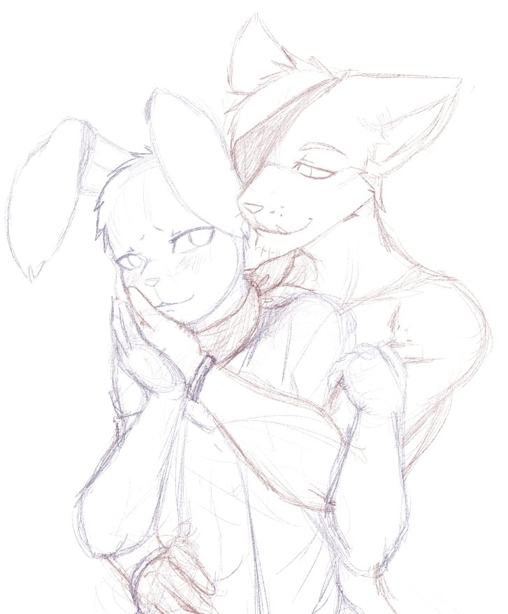 2015 anthro athletic athletic_anthro athletic_male biceps blush bonnie_(fnaf) canid canine duo embrace eye_patch eyewear fingers five_nights_at_freddy's fox foxy_(fnaf) hug hugging_from_behind lagomorph leporid male male/male mammal monochrome muscular muscular_anthro muscular_male nukde rabbit scarf scottgames sketch smile standing video_games