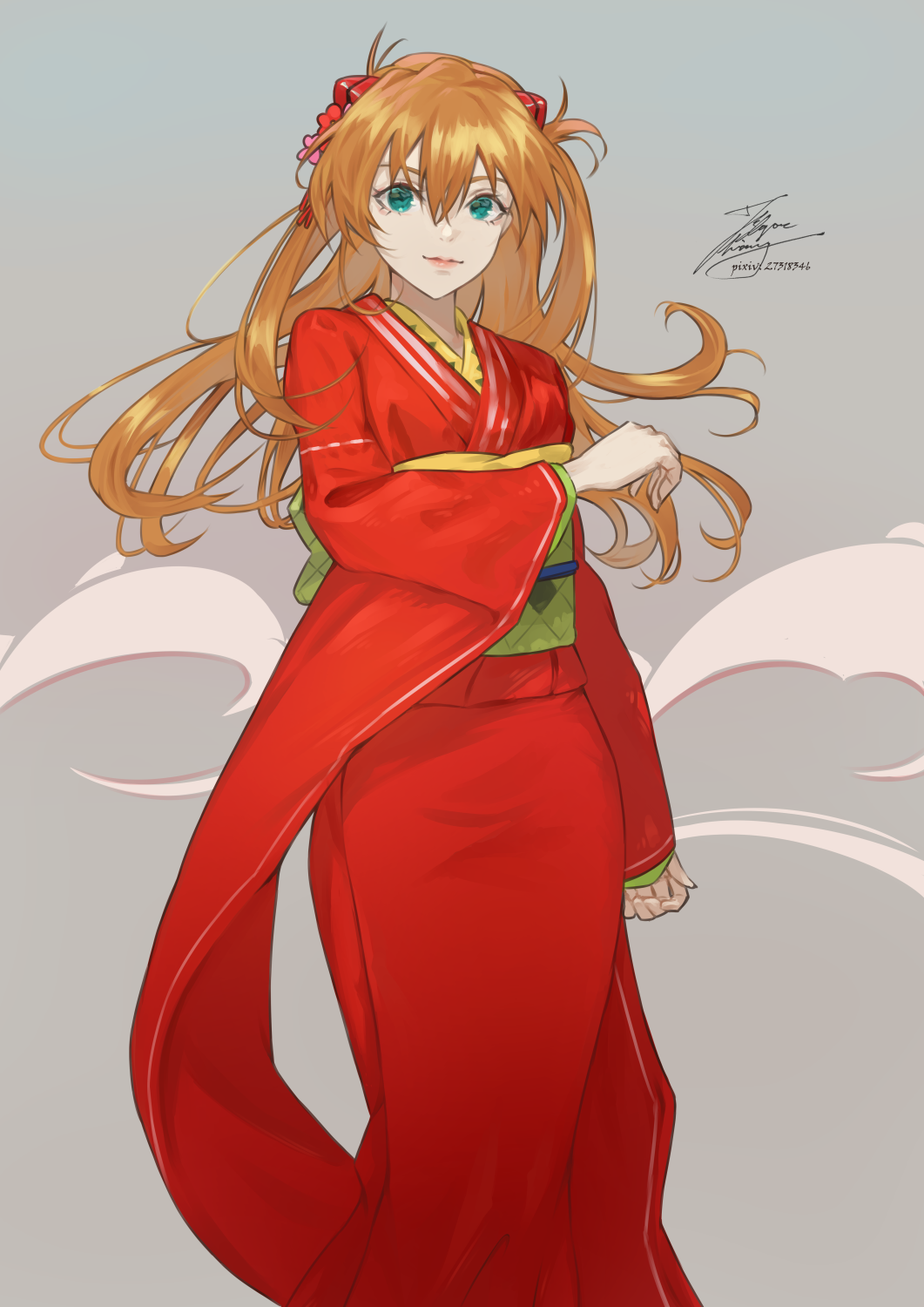 1girl aqua_eyes closed_mouth commentary fadingz feet_out_of_frame grey_background highres interface_headset japanese_clothes kimono light_smile long_hair long_sleeves looking_at_viewer neon_genesis_evangelion obi orange_hair red_kimono sash signature solo souryuu_asuka_langley