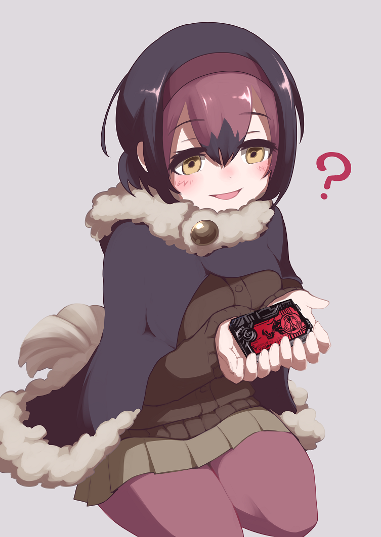 1girl 9735aoitora :d ? bird_tail black_hair blush boots brown_jacket brown_skirt brown_sweater commentary_request dated dodo_(kemono_friends) empty_eyes eyebrows_visible_through_hair fur_collar fur_trim hair_between_eyes hairband holding hood hood_down jacket kamen_rider_01_(series) kemono_friends long_sleeves multicolored_hair open_mouth pantyhose pink_hair pink_legwear pleated_skirt poncho short_hair skirt smile solo sweater tail yellow_eyes