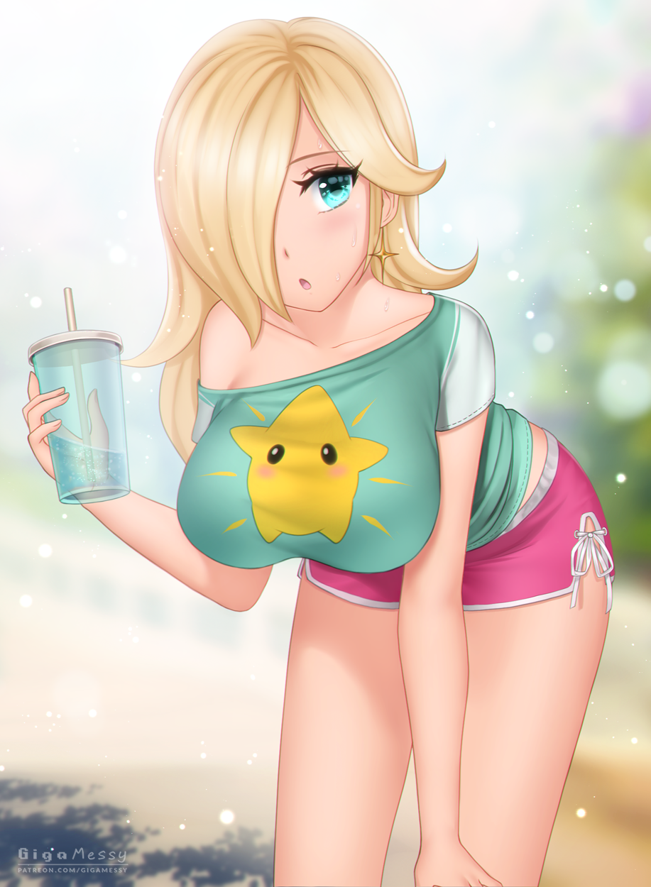 1girl :o alternate_costume aqua_shirt bare_legs bare_shoulders bent_over blonde_hair blue_eyes blurry blurry_background blush breasts casual collarbone cowboy_shot cup drink drinking_straw gigamessy hair_over_one_eye hanging_breasts highres holding holding_cup lace-up large_breasts liquid long_hair luma_(mario) mario_(series) midriff_peek open_mouth pink_shorts print_shirt rosalina shirt shirt_slip short_shorts short_sleeves shorts side_slit solo super_mario_galaxy taut_clothes taut_shirt