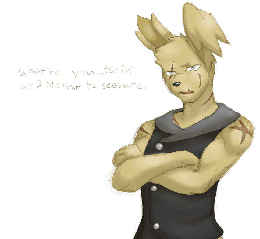 2015 anthro athletic athletic_anthro athletic_male biceps clothing crossed_arms dialogue digital_media_(artwork) english_text five_nights_at_freddy's five_nights_at_freddy's_3 fur grey_eyes lagomorph leporid looking_at_viewer male mammal muscular muscular_anthro muscular_male nukde rabbit scar scottgames simple_background solo springtrap_(fnaf) standing talking_to_viewer teeth text tongue topwear vest video_games white_background yellow_body yellow_fur