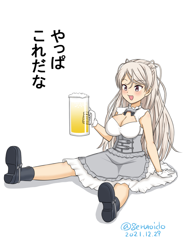 1girl alcohol armpit_cutout beer beer_mug black_footwear boots breasts brown_eyes cleavage cleavage_cutout clothing_cutout commentary_request conte_di_cavour_(kancolle) corset cup dress frilled_dress frills geru gloves kantai_collection large_breasts long_hair mug remodel_(kantai_collection) silver_hair sitting solo translated two-tone_dress two_side_up white_dress white_gloves