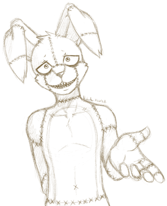 2015 anthro fingers five_nights_at_freddy's five_nights_at_freddy's_4 lagomorph leporid looking_at_viewer male mammal monochrome nukde plushtrap_(fnaf) rabbit reaching reaching_towards_viewer scottgames sharp_teeth sketch smile solo stitch_(sewing) teeth video_games