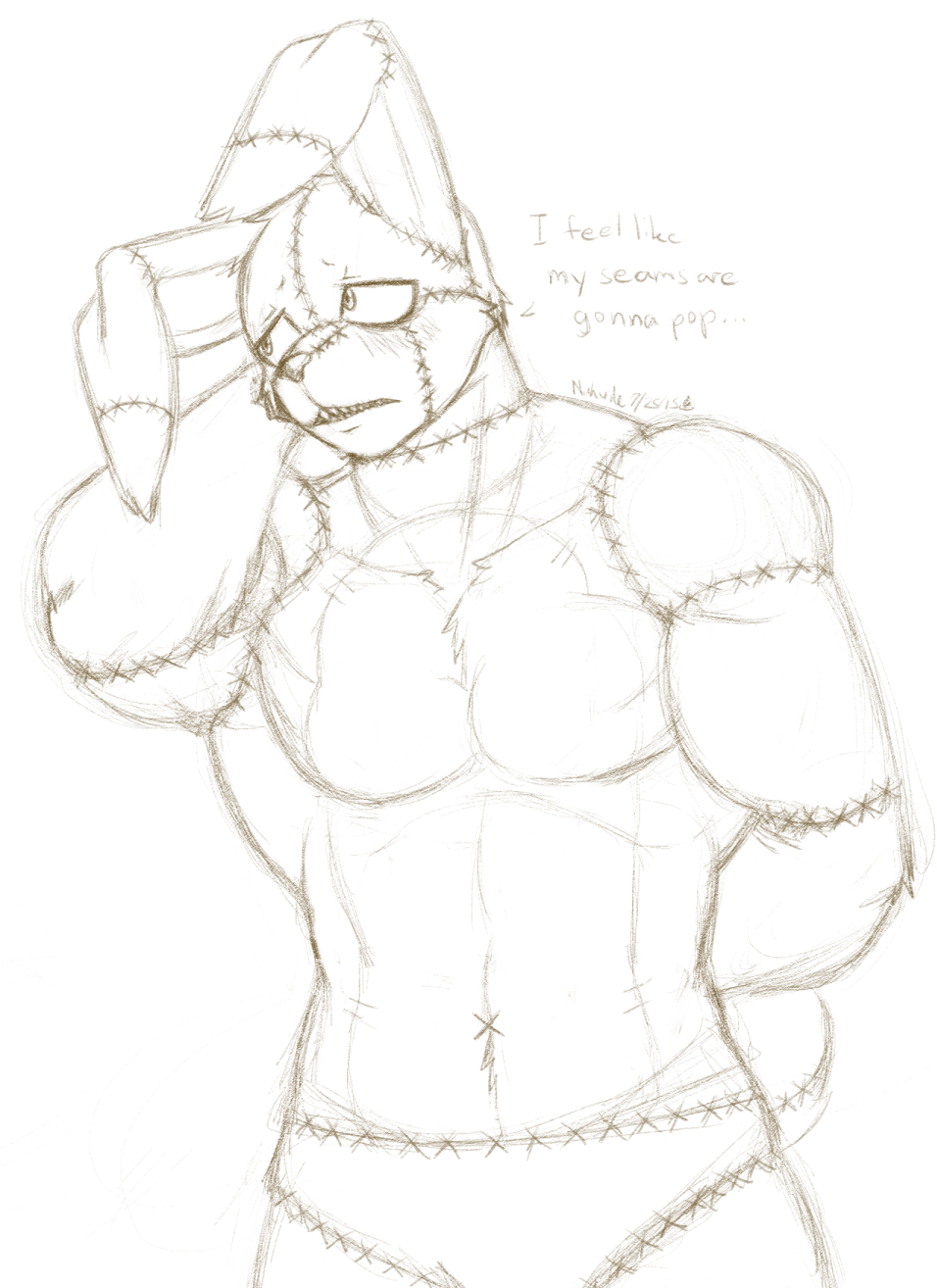 2015 anthro athletic athletic_anthro athletic_male blush dialogue english_text five_nights_at_freddy's five_nights_at_freddy's_4 hand_behind_back hand_behind_head hi_res lagomorph leporid male mammal monochrome muscular muscular_anthro muscular_male nukde pecs plushtrap_(fnaf) rabbit scottgames sharp_teeth sketch solo standing stitch_(sewing) teeth text video_games