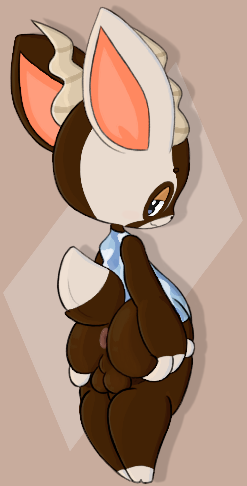 animal_crossing antelope anthro anus balls bovid butt clothed clothing dustyspaghetti gazelle genitals hi_res holding_butt horn looking_back male mammal narrowed_eyes nintendo shirt simple_background smile solo topwear video_games zell_(animal_crossing)