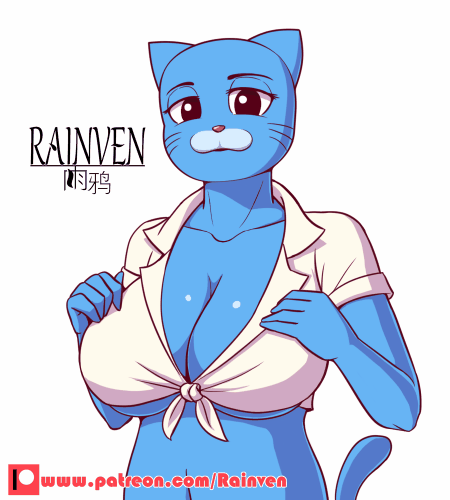 animated anthro big_breasts breasts cartoon_network clothed clothing felid feline female fur low_res mammal mature_female nicole_watterson nipples rainven short_playtime simple_background solo the_amazing_world_of_gumball