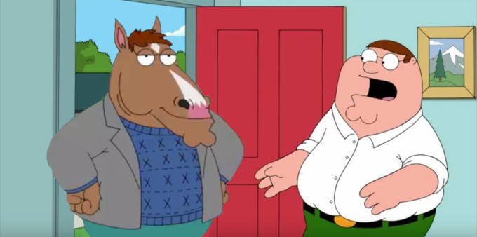 20th_century_fox 4_fingers anthro belt black_belt blue_clothing blue_sweater blue_topwear blue_wall bojack_horseman bojack_horseman_(character) bottomwear brown_body brown_fur brown_hair chin_balls clothed clothing cloud crossover duo equid equine eyewear eyewear_on_head family_guy fingers fur fuzzy_door_productions gasp glasses glasses_on_head green_bottomwear green_clothing green_pants grey_clothing grey_jacket grey_topwear hair hand_on_hip horse jacket male male/male mammal meme mountain netflix open_door pants peter_griffin pink_nose plant shirt sky suit_jacket suprised_look surprise sweater topwear tree unknown_artist white_clothing white_hair white_shirt white_topwear