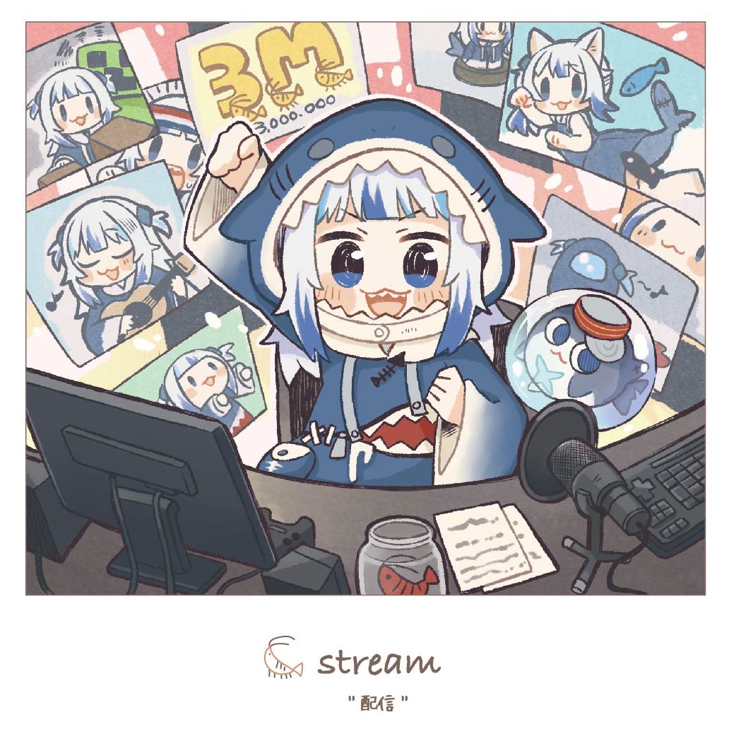 1girl :3 :d among_us arm_up bangs bloop_(gawr_gura) blue_eyes blue_hair blunt_bangs blush_stickers chibi clenched_hand commentary_request controller creeper game_controller hololive hololive_english hood jar keyboard_(computer) looking_at_viewer microphone minecraft monitor multicolored_hair open_mouth poster_(object) same_anko sharp_teeth shrimp smile solo streaked_hair teeth two-tone_hair v-shaped_eyebrows virtual_youtuber white_hair wide_sleeves