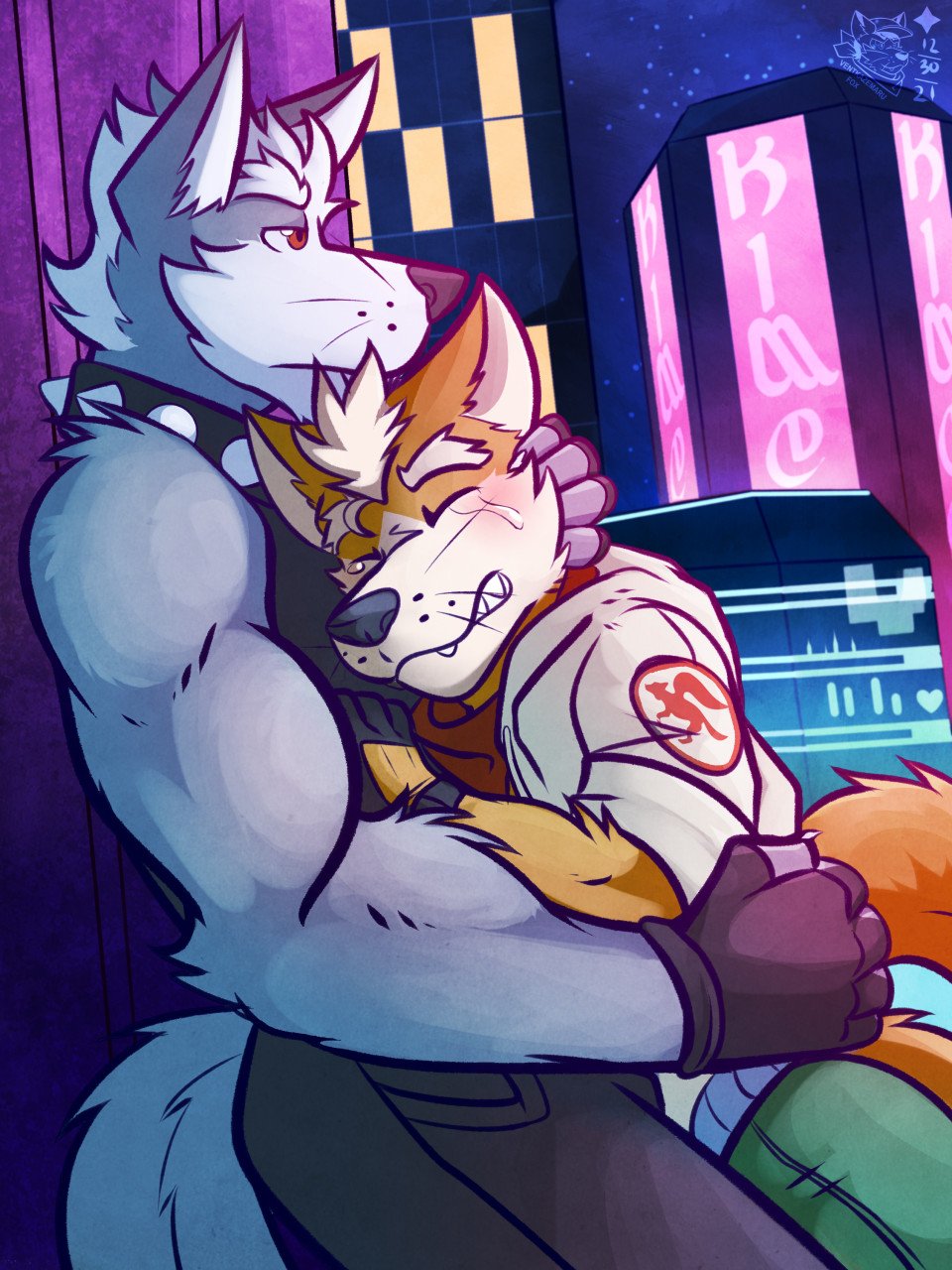 anthro blush bodily_fluids canid canine canis city city_background clothed clothing collar comforting duo embrace eyes_closed fox fox_mccloud fully_clothed fur grey_body grey_fur hi_res hug male male/male mammal muscular muscular_anthro muscular_male nintendo orange_body orange_fur star_fox tears teeth ventkazemaru video_games wolf wolf_o'donnell