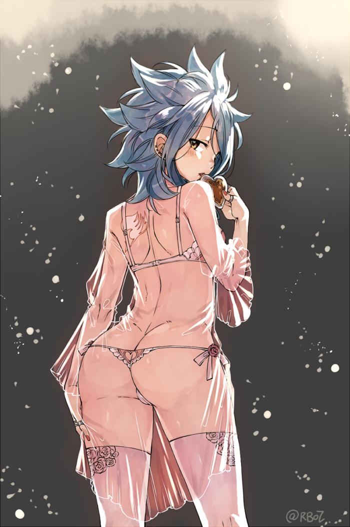 1girl artist_name ass bangs blue_hair blush bra cowboy_shot fairy_tail from_behind grey_background heart holding jewelry levy_mcgarden lingerie long_sleeves looking_back medium_hair messy_hair panties red_nails ring rusky see-through shiny shiny_hair solo tattoo thighhighs underwear white_bra white_panties