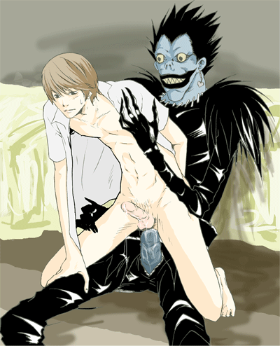 anal bed bottomless cum death_note earrings heart heart_earrings jewelry lowres male_focus multiple_boys open_clothes open_shirt penis ryuk shinigami shirt smile smirk sweatdrop yagami_light yaoi