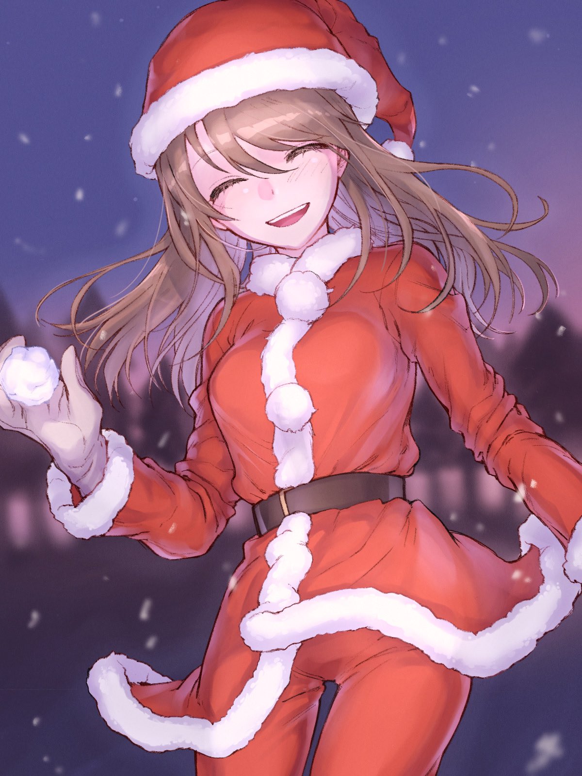 100zi 1girl alternate_headwear bangs belt black_belt brown_hair christmas coat commentary facing_viewer fur-trimmed_coat fur_trim girls_und_panzer gloves grey_gloves hat highres holding long_hair long_sleeves mika_(girls_und_panzer) night open_mouth outdoors pants red_coat red_headwear red_pants santa_costume santa_hat smile snowball snowing solo standing