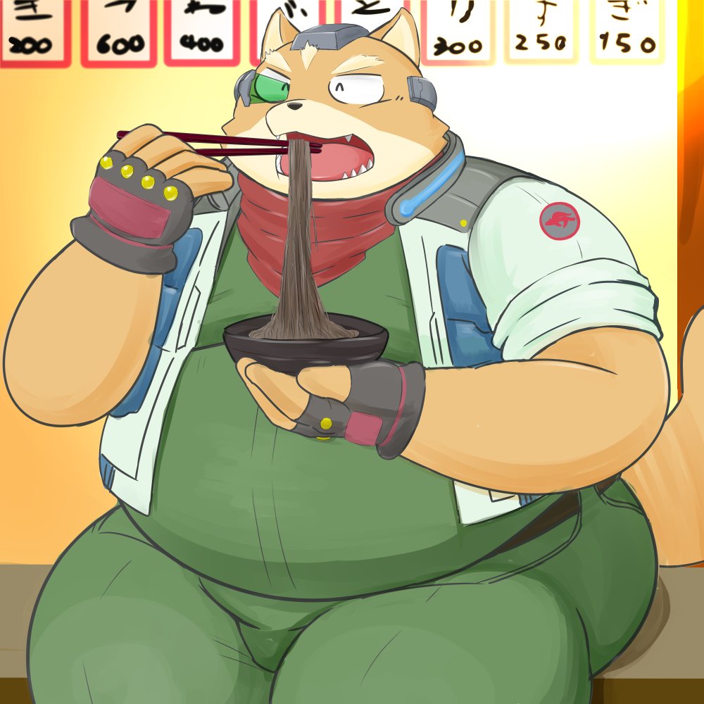 2021 anthro belly canid canine clothed clothing eating eyes_closed food fox fox_mccloud humanoid_hands kemono male mammal marumu_5656 nintendo obese obese_male overweight overweight_male sitting solo star_fox video_games