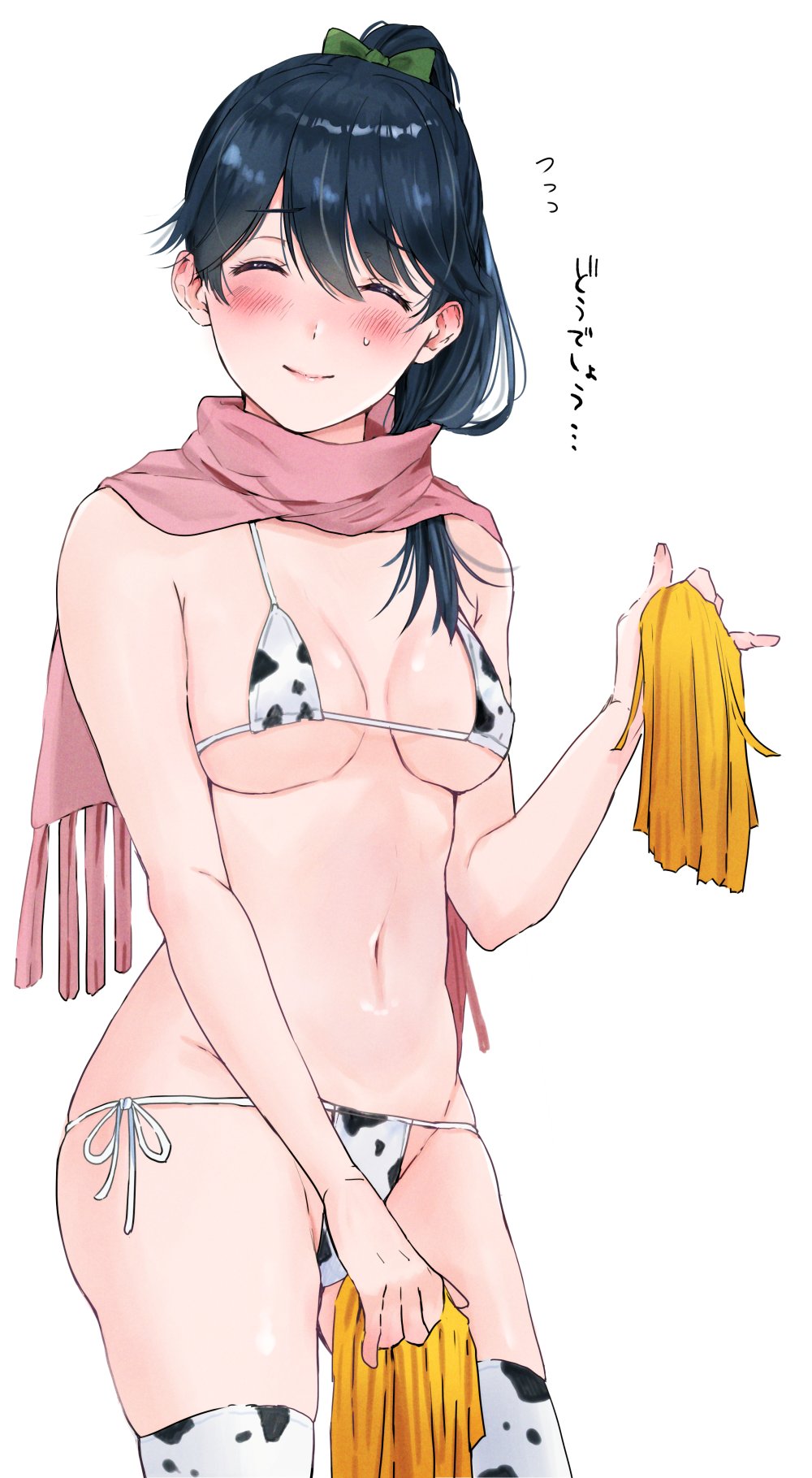 1girl animal_print bikini black_hair breasts closed_eyes cow_print cowboy_shot facing_viewer highres houshou_(kancolle) kantai_collection long_hair magai_akashi medium_breasts pink_scarf pom_pom_(cheerleading) ponytail scarf simple_background smile solo standing swimsuit thighhighs white_background white_bikini white_legwear