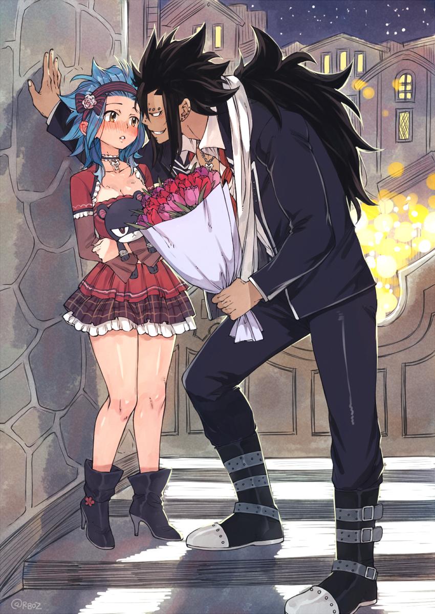 1boy 1girl alternate_costume bangs black_choker black_hair black_jacket black_pants blue_hair blush bouquet breasts cat choker cleavage collarbone dress earrings fairy_tail flower gajeel_redfox grin high_heels highres holding holding_bouquet holding_flower jacket jewelry levy_mcgarden long_hair long_neck medium_hair outdoors pantherlily pants piercing pink_flower red_dress red_flower rusky shoes small_breasts smile standing teeth