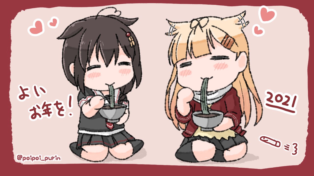 2021 2girls ahoge black_hair black_legwear black_ribbon black_serafuku black_skirt blonde_hair bowl braid chibi closed_eyes commentary_request eating expressive_hair food full_body hair_flaps holding holding_bowl kantai_collection multiple_girls new_year noodles pleated_skirt poipoi_purin ramen remodel_(kantai_collection) ribbon scarf school_uniform serafuku shigure_(kancolle) single_braid skirt socks twitter_username white_scarf yuudachi_(kancolle)