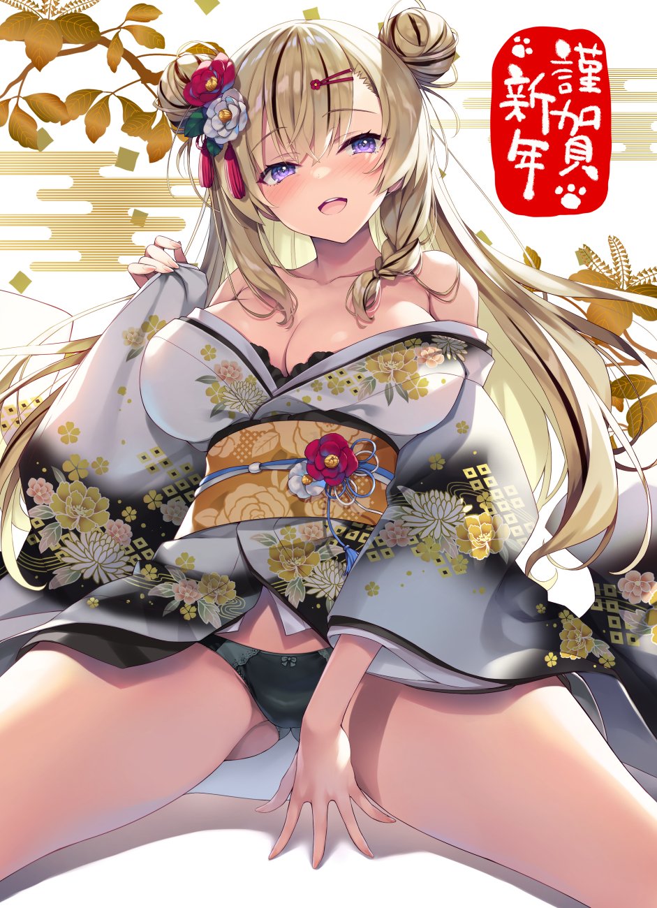 1girl ass_visible_through_thighs bangs black_panties blonde_hair breasts cleavage collarbone commentary_request double_bun eyebrows_visible_through_hair floral_print flower hair_flower hair_ornament happy_new_year highres japanese_clothes kimono large_breasts long_hair looking_at_viewer new_year open_mouth original panties print_kimono purple_eyes smile solo spread_legs teeth thighs tomose_shunsaku underwear upper_teeth white_background white_kimono