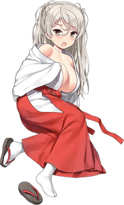 1girl breasts brown_eyes chihaya_(clothing) collarbone conte_di_cavour_(kancolle) full_body hakama hakama_skirt japanese_clothes jiji kantai_collection kimono large_breasts long_hair long_sleeves miko no_bra official_alternate_costume official_art oppai_loli red_hakama shoes shoes_removed silver_hair skirt tabi two_side_up white_kimono wide_sleeves