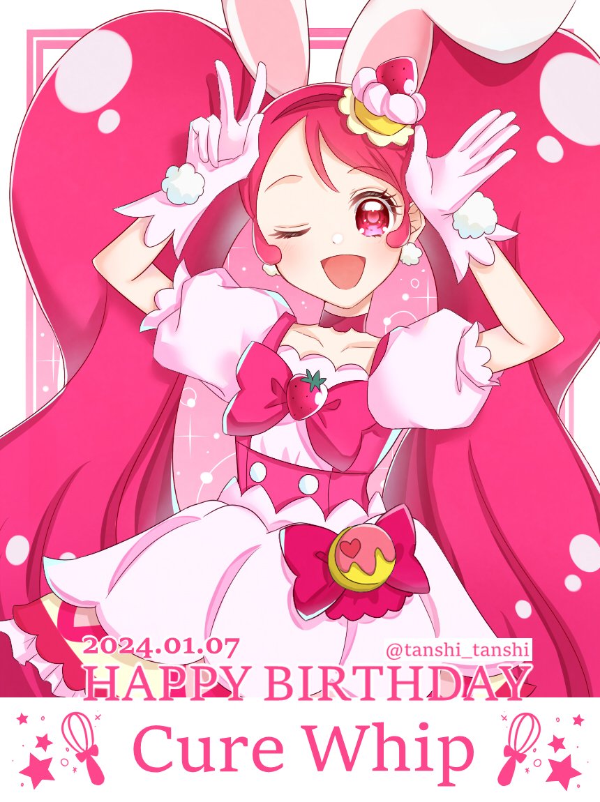 1girl animal_ears cake cake_hair_ornament character_name choker cure_whip dated dress earrings extra_ears food food-themed_hair_ornament fruit_brooch gloves hair_ornament happy_birthday jewelry kirakira_precure_a_la_mode long_hair looking_at_viewer magical_girl open_mouth pink_background pink_choker pink_corset pink_dress pink_eyes pink_hair pom_pom_(clothes) pom_pom_earrings precure puffy_short_sleeves puffy_sleeves rabbit_ears short_sleeves smile solo strawberry_brooch strawberry_shortcake tanshi_tanshi twintails twitter_username upper_body usami_ichika white_gloves