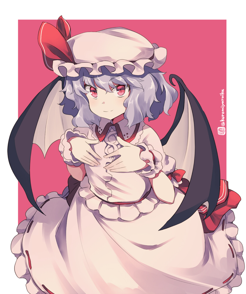 1girl beret bow closed_mouth collared_shirt dress_shirt frilled_skirt frills grey_hair hair_between_eyes hands_up hat hat_bow kuromiya looking_at_viewer one-hour_drawing_challenge pink_background puffy_short_sleeves puffy_sleeves red_bow red_eyes remilia_scarlet ribbon-trimmed_skirt ribbon_trim shirt short_sleeves skirt smile solo touhou twitter_username two-tone_background white_background white_headwear white_shirt white_skirt white_wings wings wrist_cuffs