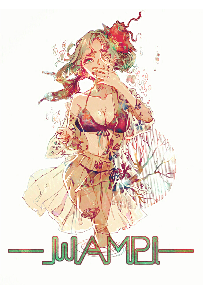 1girl amputee artist_name bare_tree black_bow black_bra black_nails black_panties bow bow_bra bra breasts bubble collarbone covering_mouth cowboy_shot dress floral_print flower green_eyes green_hair hair_bun hair_flower hair_ornament huangpi_sang large_breasts long_sleeves looking_at_viewer medium_hair nail_polish open_clothes open_dress original panties red_flower ripples see-through see-through_dress see-through_sleeves simple_background single_bare_shoulder single_side_bun solo thick_eyebrows tree underwear watermark white_background white_dress white_sleeves wide_sleeves