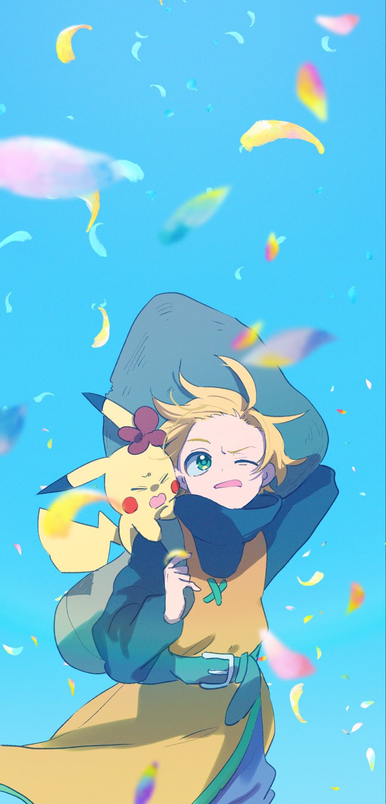 1girl bag belt blonde_hair commentary_request day falling_petals green_belt green_eyes hat highres long_sleeves looking_up marutoko45 on_shoulder one_eye_closed open_mouth outdoors petals pikachu pokemon pokemon_(creature) pokemon_adventures pokemon_on_shoulder short_hair sky tunic yellow_(pokemon)