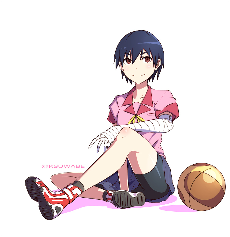 1girl ball bandaged_arm bandages basketball basketball_(object) bike_shorts black_hair brown_eyes commentary_request k-suwabe kanbaru_suruga looking_at_viewer monogatari_(series) naoetsu_high_school_uniform pleated_skirt revision school_uniform serafuku short_hair sitting skirt smile solo twitter_username