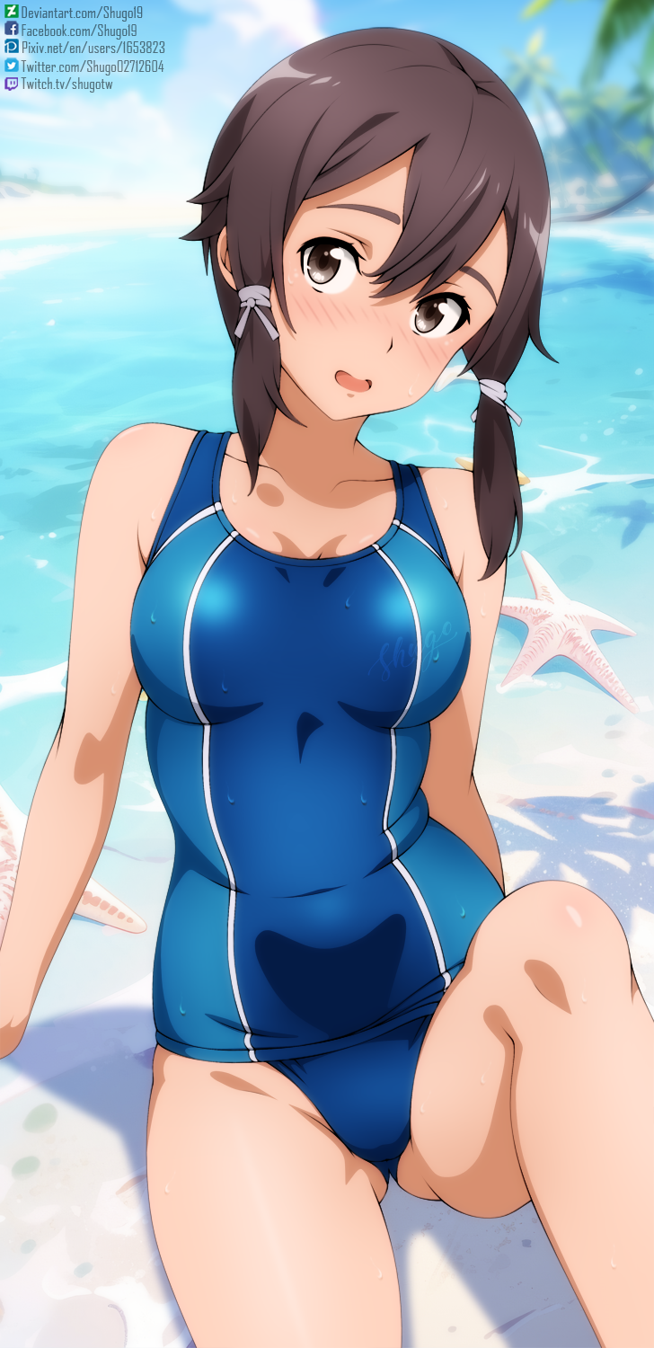 1girl :d arm_support asada_shino ass_visible_through_thighs bare_shoulders beach blue_one-piece_swimsuit blue_sky blurry blurry_background blush breasts brown_eyes brown_hair cloud collarbone commentary_request competition_swimsuit cowboy_shot day deviantart_logo deviantart_username english_commentary facebook_logo facebook_username german_commentary hair_between_eyes hair_ribbon highres looking_at_viewer medium_breasts mixed-language_commentary no_eyewear one-piece_swimsuit open_mouth outdoors partial_commentary pixiv_id pixiv_logo ribbon short_hair shugo19 sitting sky smile solo swimsuit sword_art_online tress_ribbon twitch_logo twitch_username twitter_logo twitter_username variant_set water