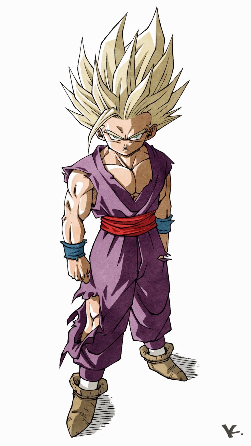 1boy blonde_hair brown_footwear closed_mouth collarbone dougi dragon_ball dragon_ball_z facing_viewer full_body green_eyes highres kakeru_(dbskakeru) looking_at_viewer male_focus pants pectoral_cleavage pectorals purple_pants purple_shirt red_sash sash serious shirt sleeveless socks solo son_gohan spiked_hair super_saiyan super_saiyan_2 toriyama_akira_(style) torn_clothes torn_pants white_background white_socks