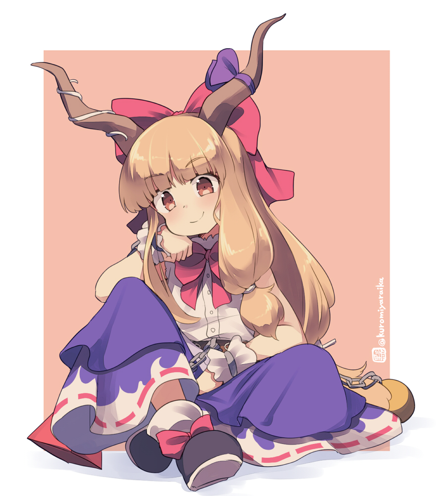 1girl black_footwear blush bow brown_background brown_eyes brown_hair chain closed_mouth hair_bow hand_up horn_bow horn_ornament horns ibuki_suika kuromiya long_hair looking_at_viewer one-hour_drawing_challenge purple_bow purple_skirt red_bow shirt shoes sitting skirt sleeveless sleeveless_shirt smile solo touhou twitter_username two-tone_background very_long_hair white_background white_shirt wrist_cuffs