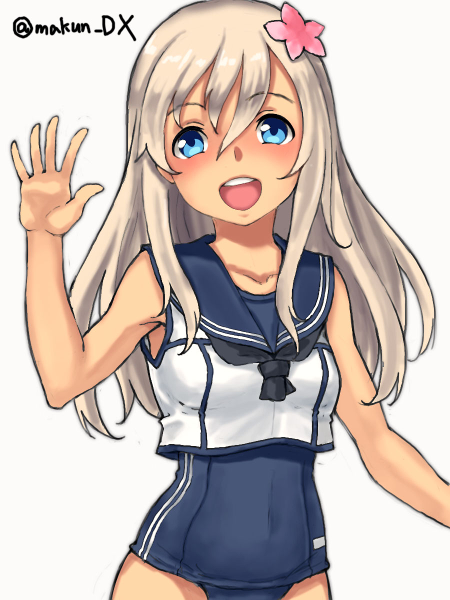 1girl blonde_hair blue_eyes blush breasts crop_top flower hair_flower hair_ornament highres kantai_collection long_hair looking_at_viewer maakun_(makun_dx) one-piece_swimsuit one-piece_tan open_mouth ro-500_(kancolle) sailor_collar school_swimsuit school_uniform serafuku small_breasts smile solo swimsuit swimsuit_under_clothes tan tanlines twitter_username upper_body