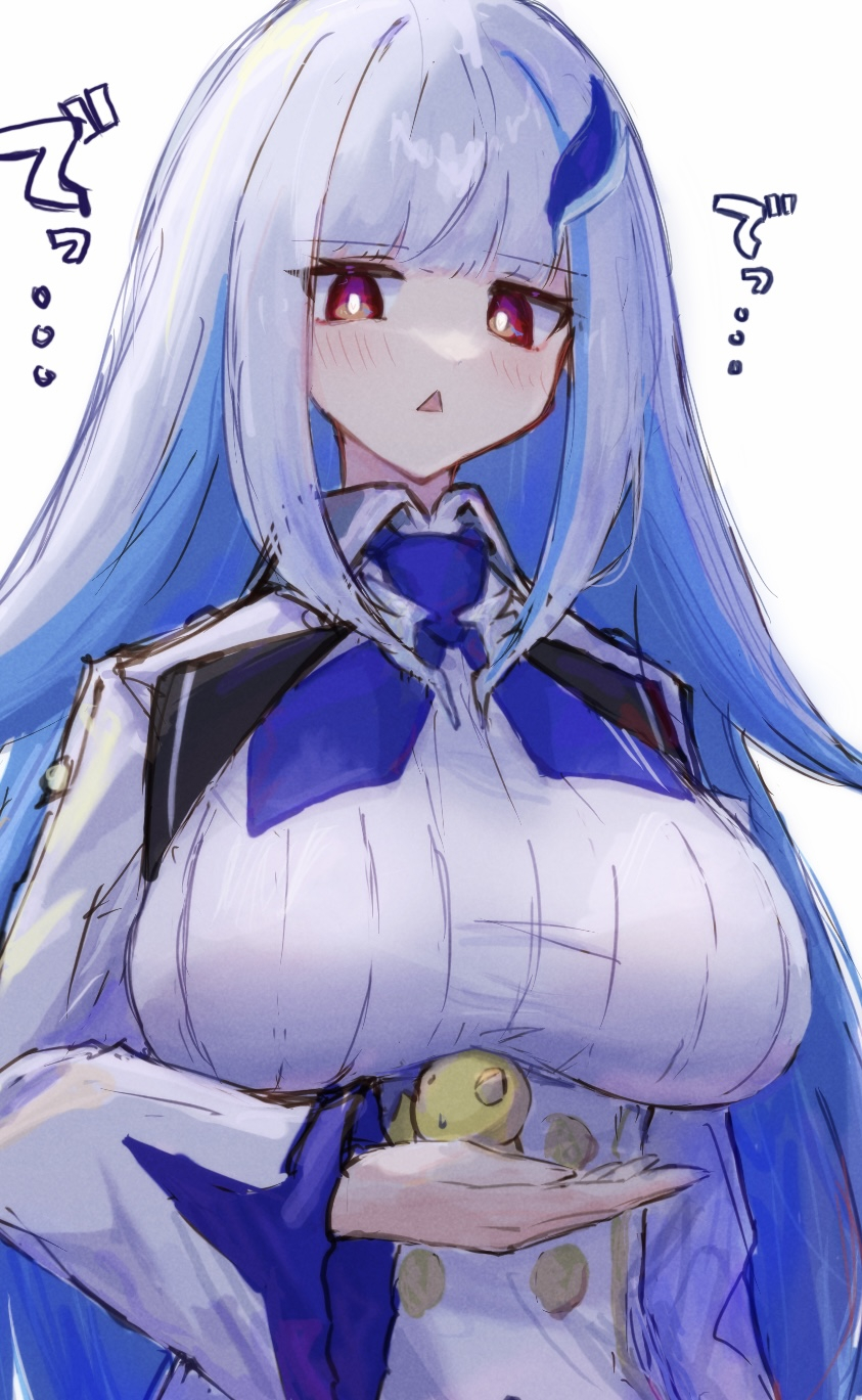 bird bird_on_hand blue_hair blush breasts colored_inner_hair hair_ornament highres hitanu large_breasts lize_helesta lize_helesta_(1st_costume) long_hair long_sleeves multicolored_hair nijisanji red_eyes sebastian_piyodore simple_background translation_request triangle_mouth upper_body very_long_hair virtual_youtuber white_background white_hair