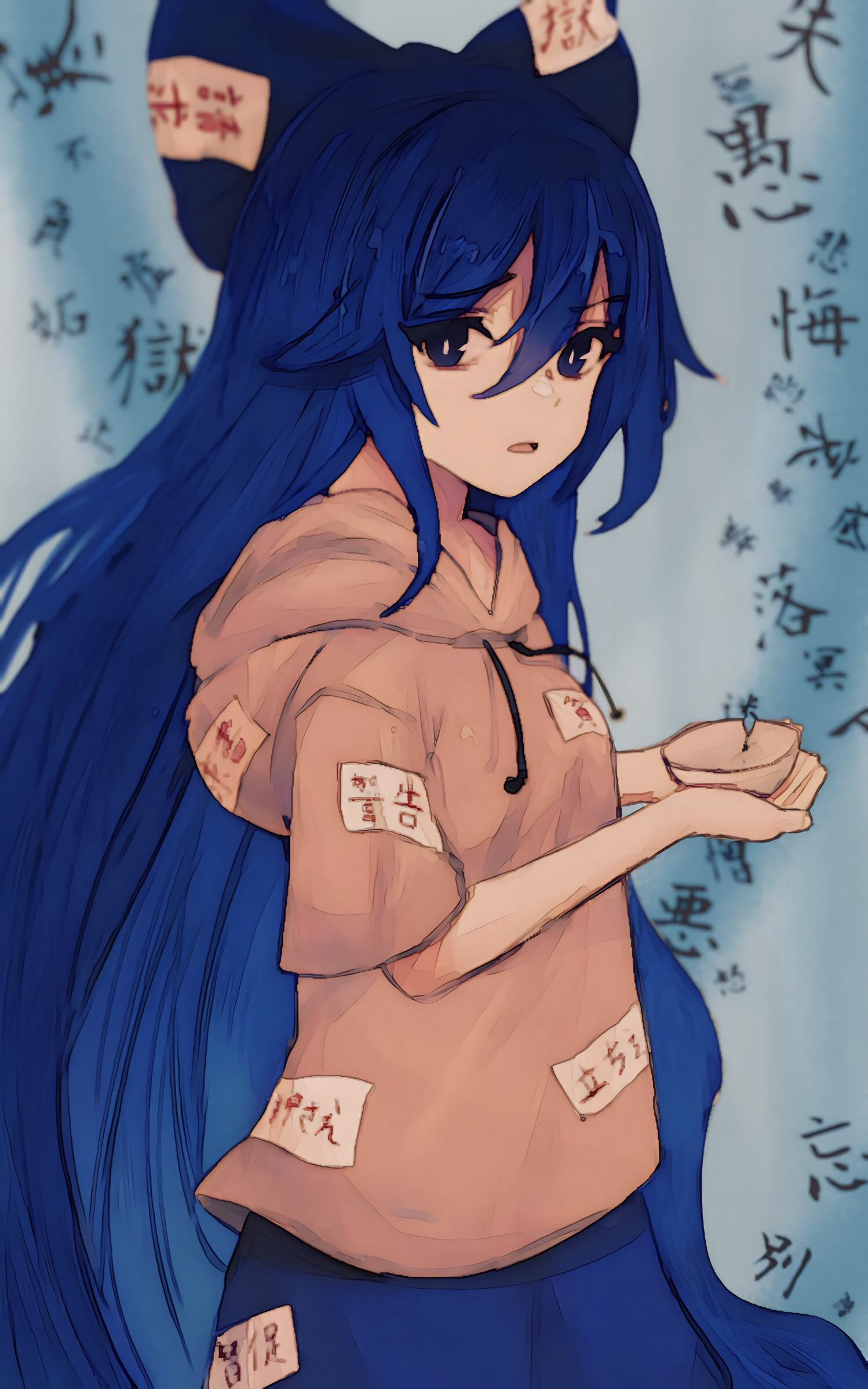 1girl blue_bow blue_eyes blue_hair blue_skirt blurry blurry_background bow bowl debt grey_hoodie hair_bow highres holding holding_bowl hood hooded_shirt hoodie irumina777 long_hair looking_at_viewer open_mouth puffy_short_sleeves puffy_sleeves short_sleeves skirt solo touhou very_long_hair yorigami_shion